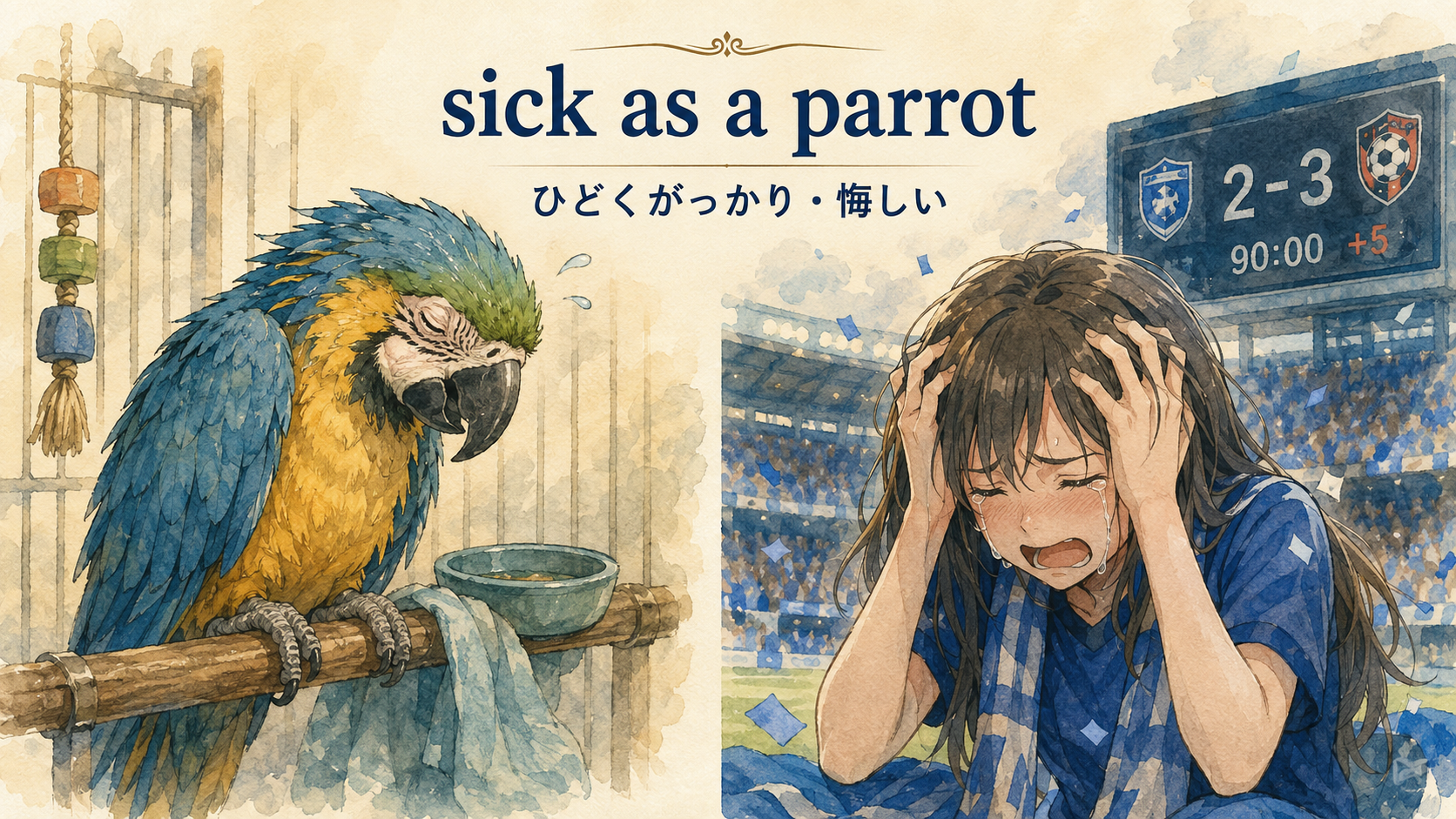 「sick as a parrot」の意味・ニュアンス・使い分け図