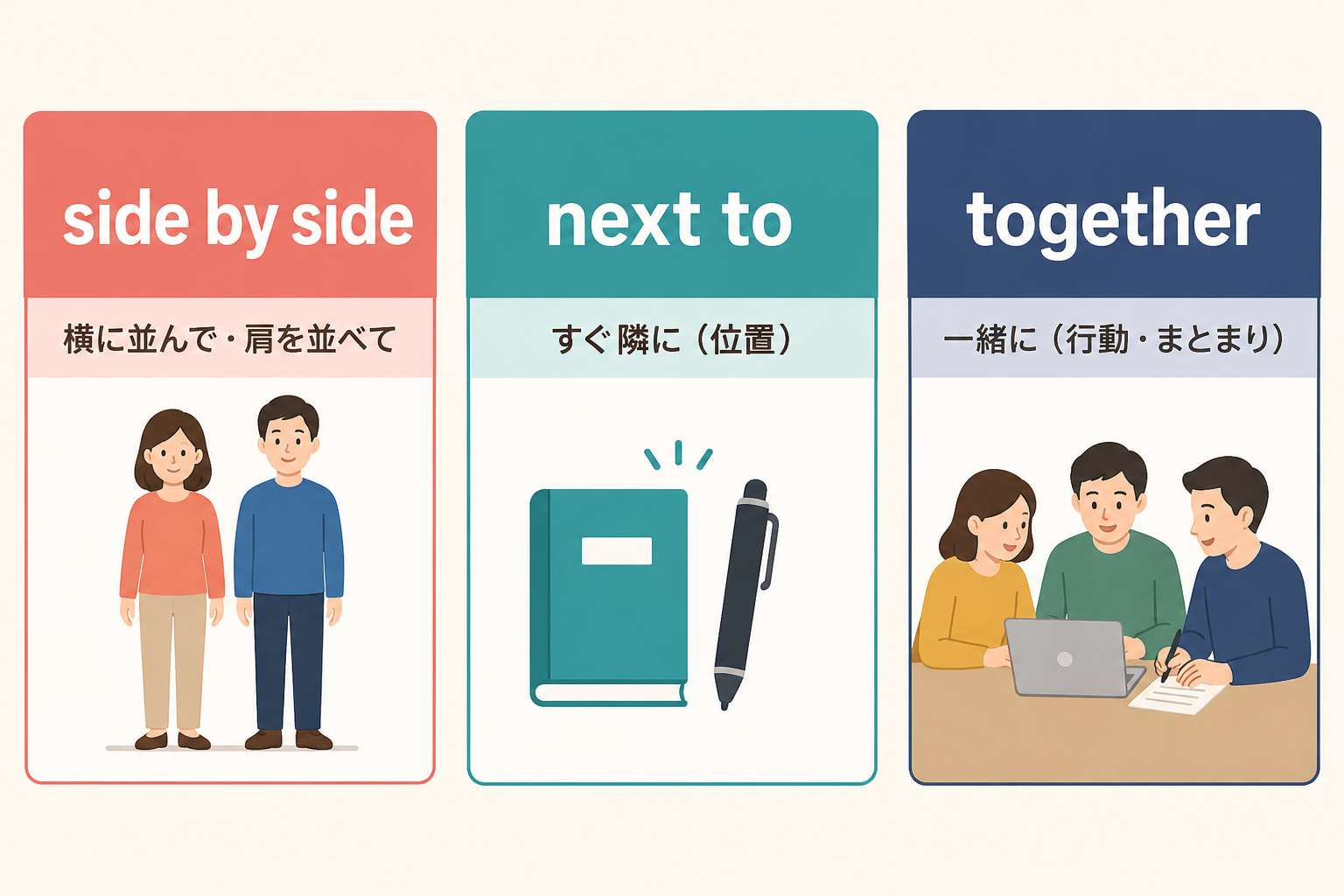 side by side・next to・togetherのニュアンスの違い