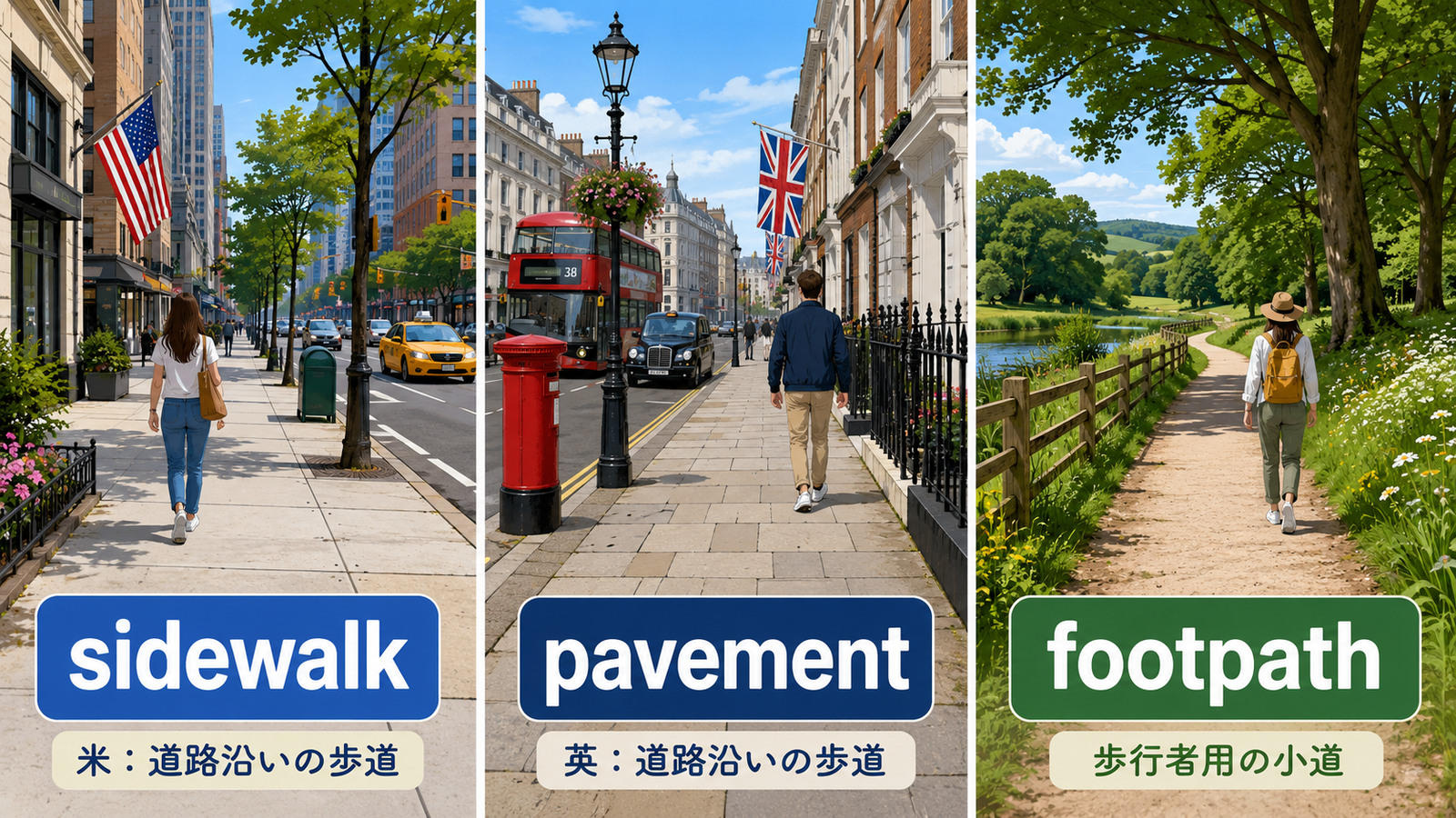 sidewalk・pavement・footpathの違いを示す比較イラスト