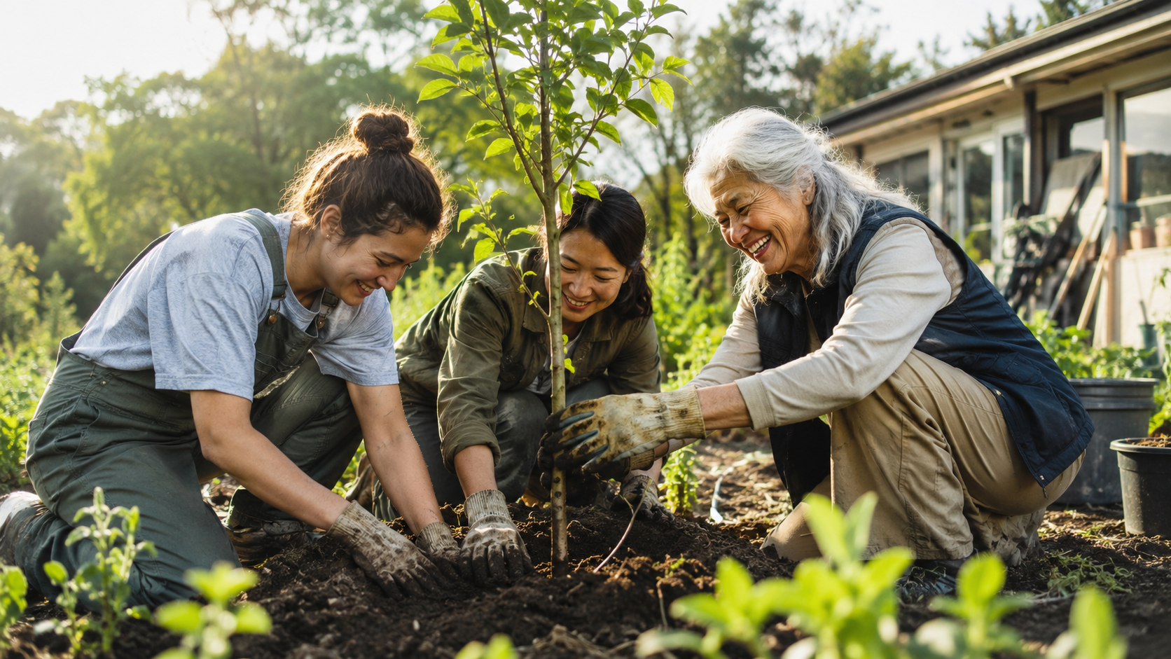 世代の異なる架空の女性たちが協力して若い木を植える様子