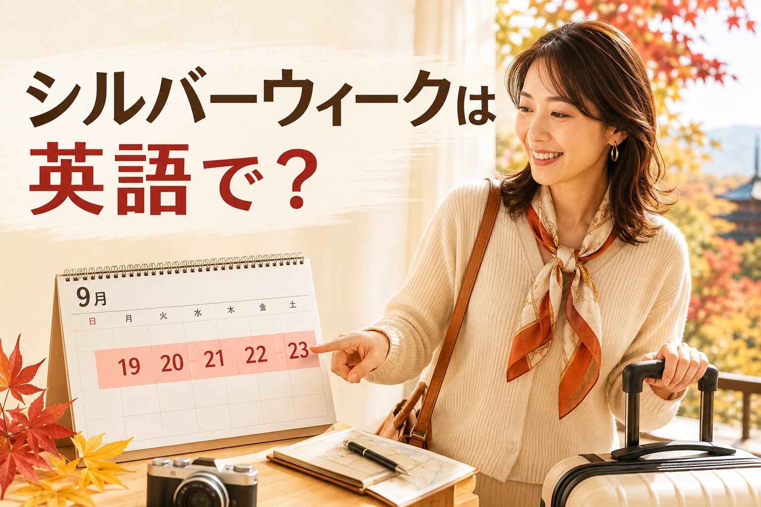 2026年9月19日から23日のシルバーウィークを英語で説明する女性