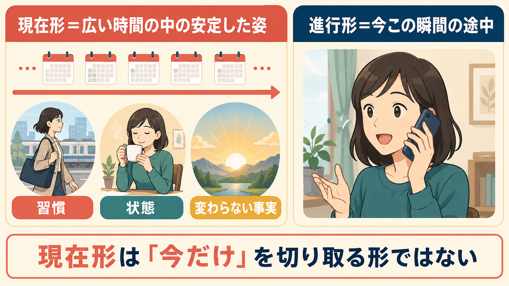 現在形は広い時間の中の安定した姿、進行形は今この瞬間の途中を表す図解