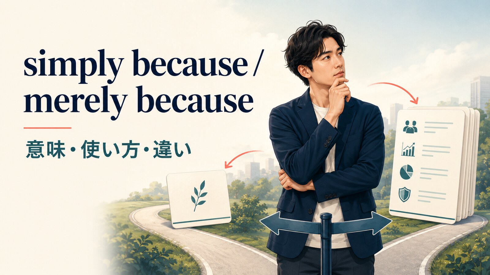 simply becauseとmerely becauseの意味・使い方・違いを示すアイキャッチ画像