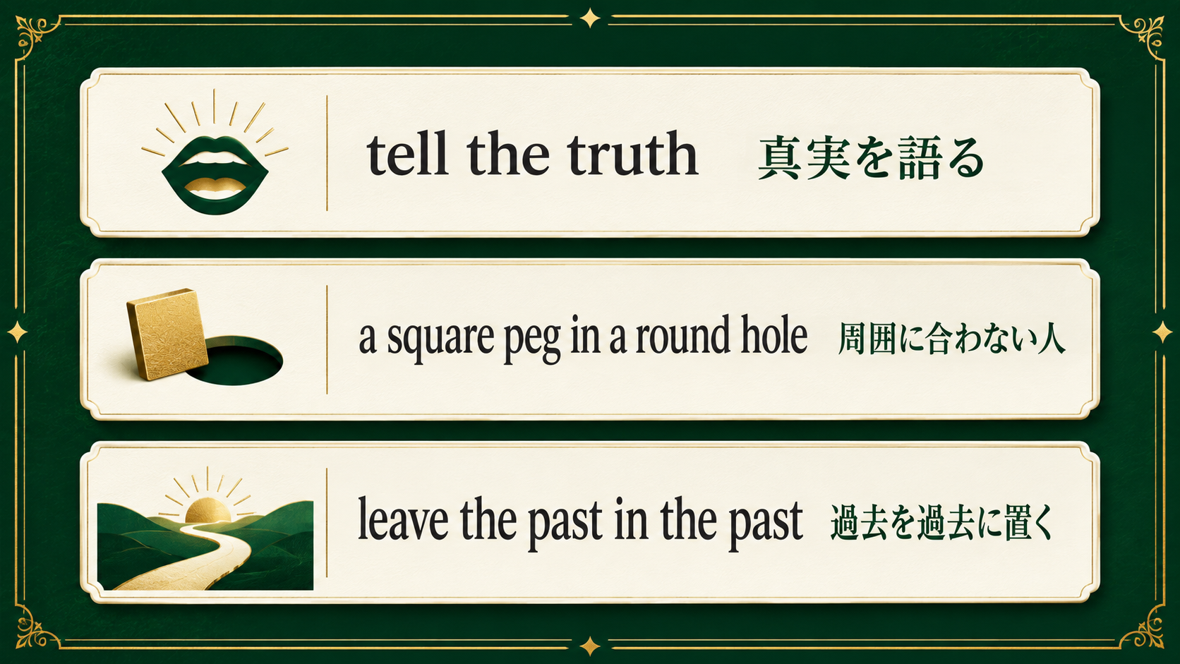tell the truth、a square peg in a round hole、leave the past in the past の意味
