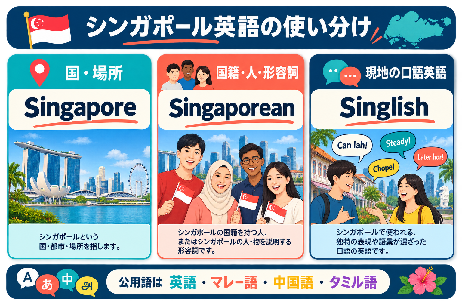Singapore・Singaporean・Singlishと4つの公用語の違いを示す図