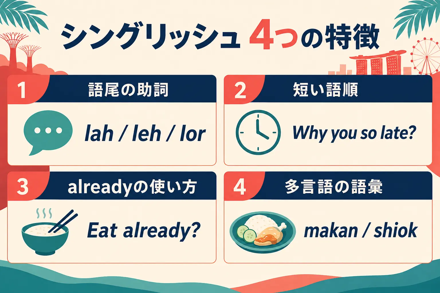 語尾の助詞・短い語順・already・多言語語彙で見るシングリッシュ4つの特徴