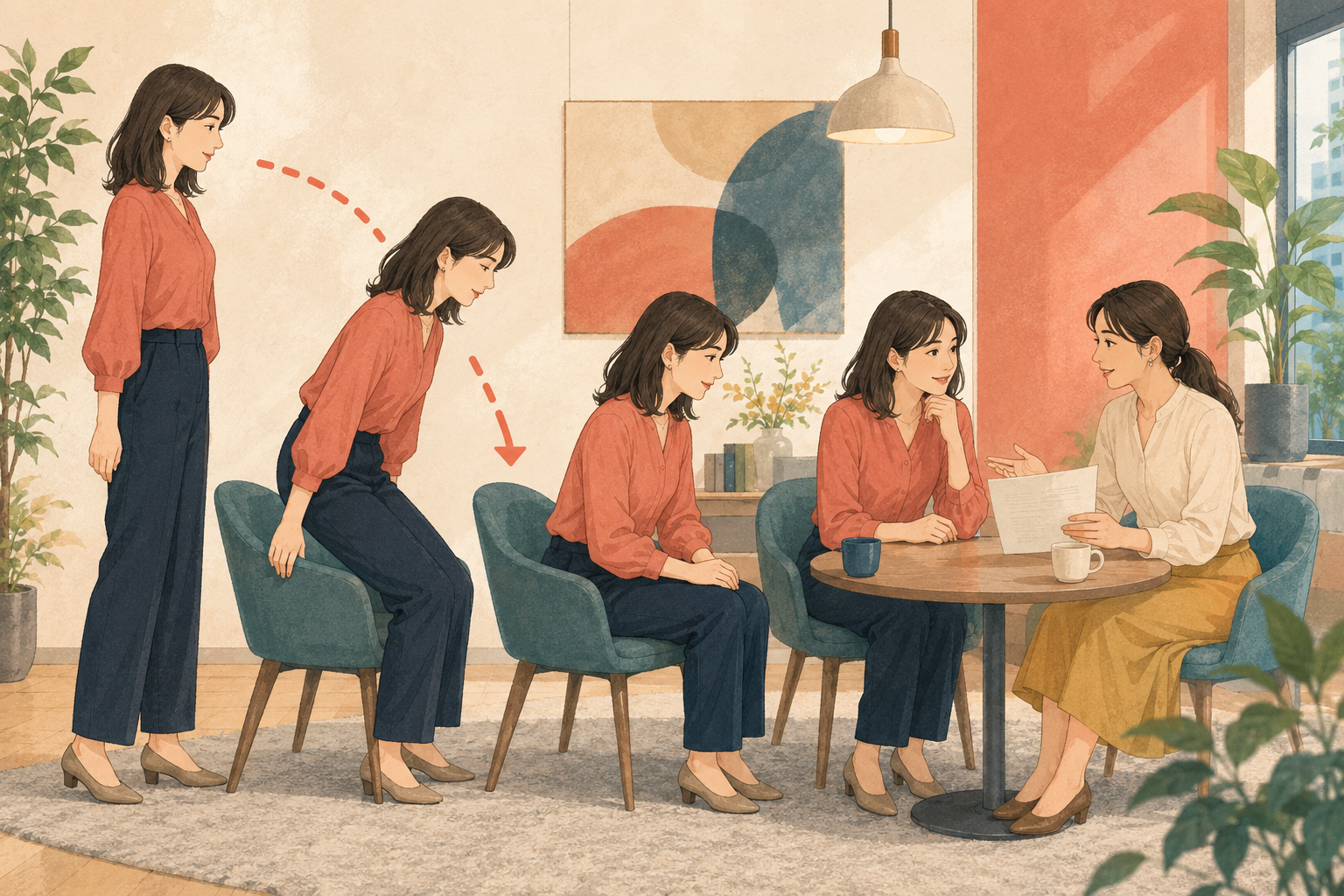 高い立位から低く安定した着座状態へ移るsit downのコアイメージ