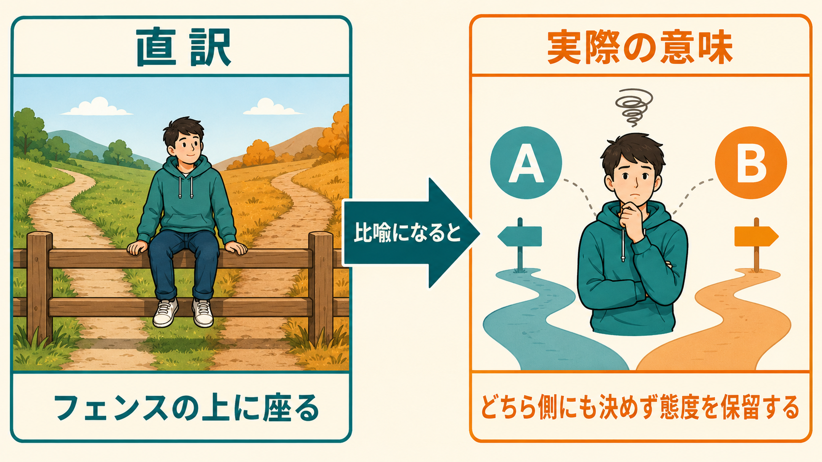 sit on the fenceの直訳「フェンスの上に座る」から「どちら側にも決めず態度を保留する」への意味の変化