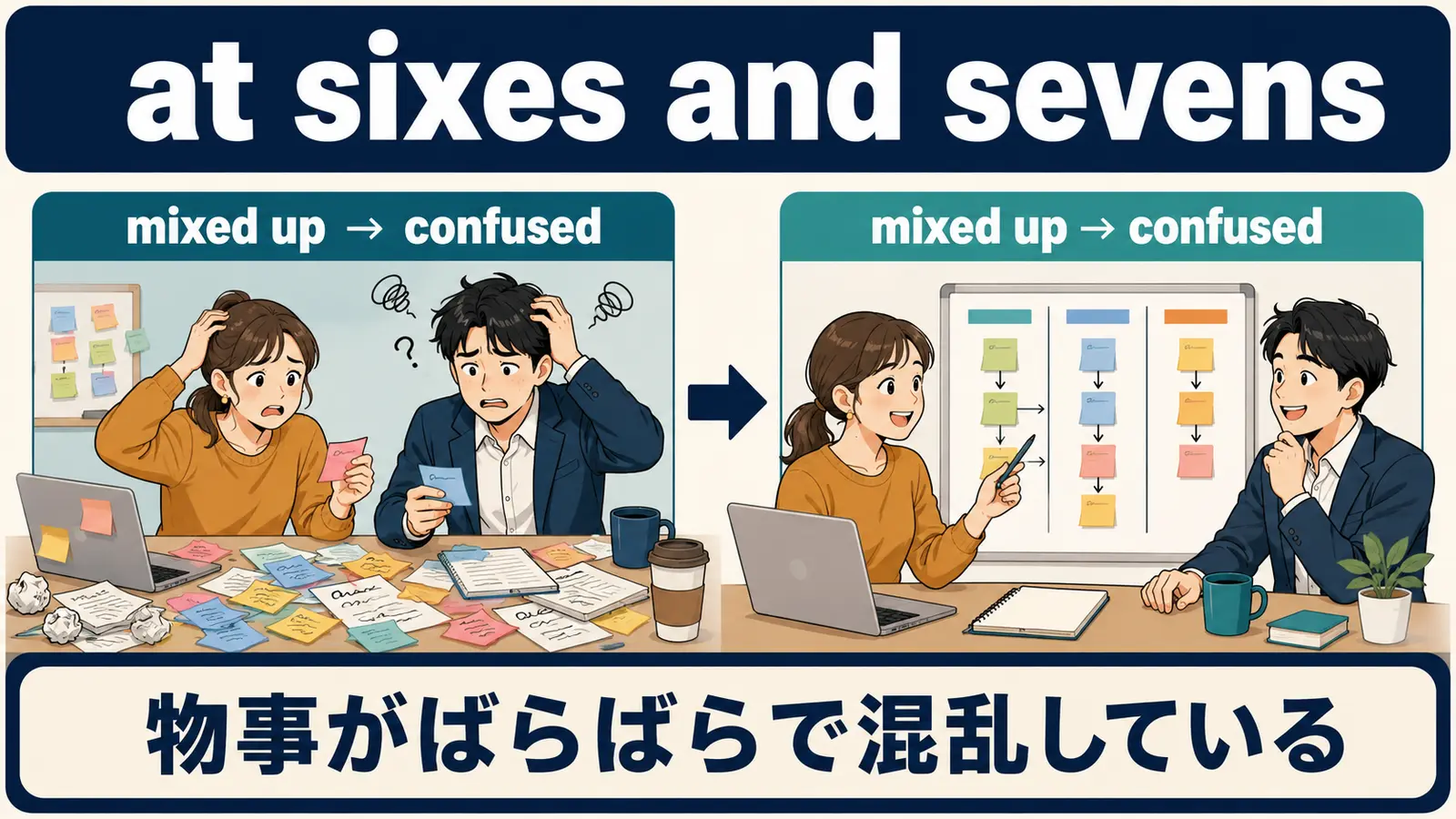 at sixes and sevensの意味は？使い方・ニュアンス・例文と類似表現