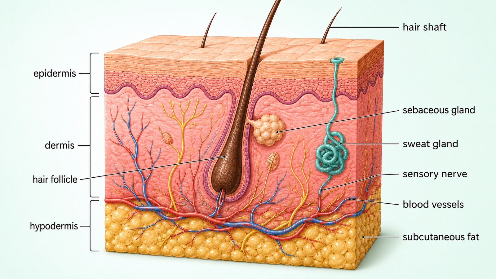 epidermis・dermis・hypodermisの3層とhair follicle・sweat gland・sebaceous gland・sensory nerve・blood vesselsを示した皮膚断面の英語図解