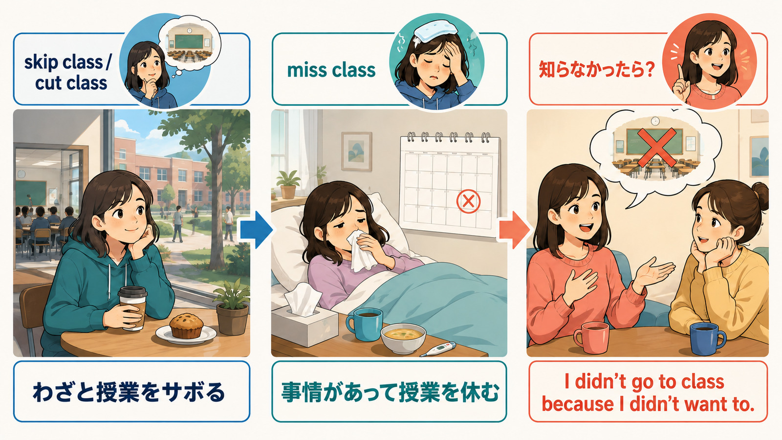 skip classとmiss classの違いとI didn’t go to class because I didn’t want toという言い換え