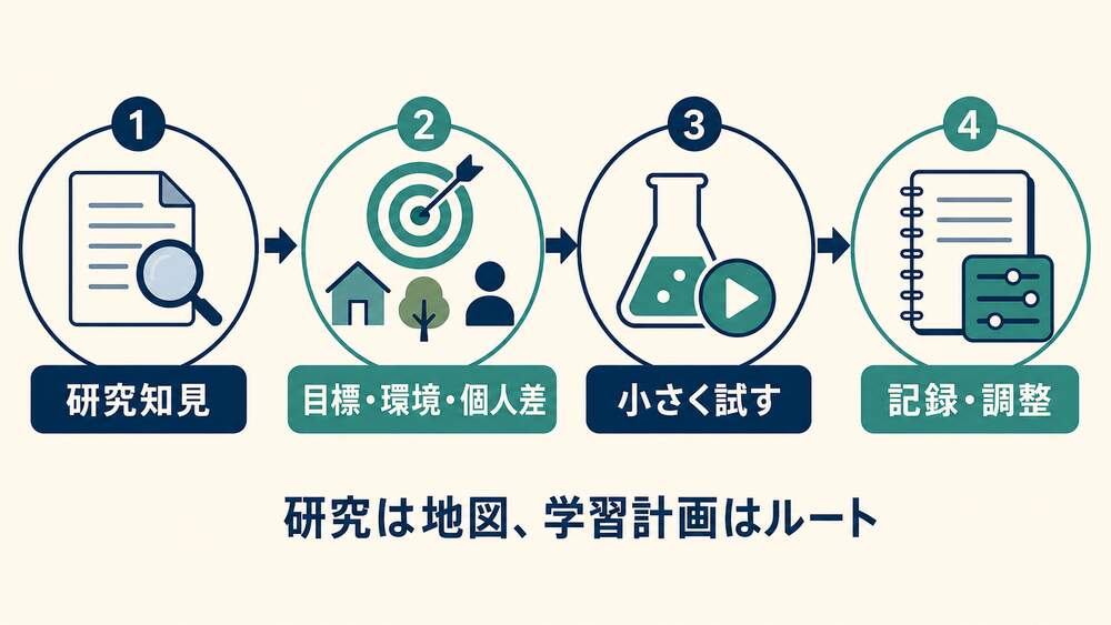研究知見を目標・環境・個人差に合わせて試し記録・調整する流れ