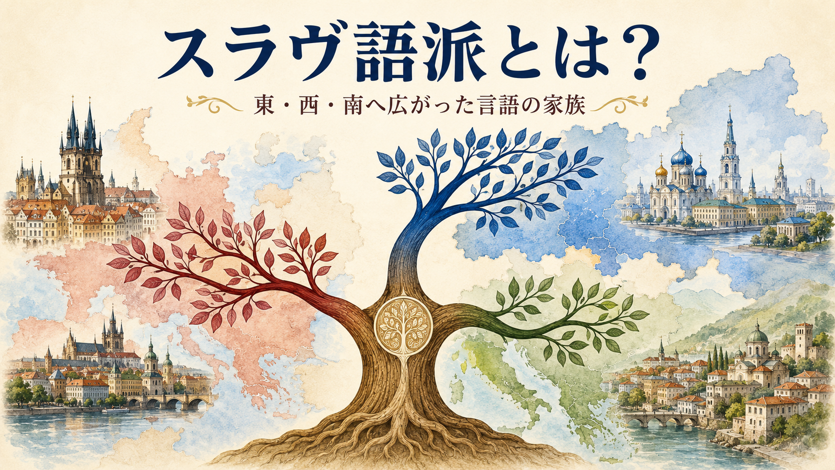 スラヴ語派が東スラヴ・西スラヴ・南スラヴへ枝分かれする言語系統図