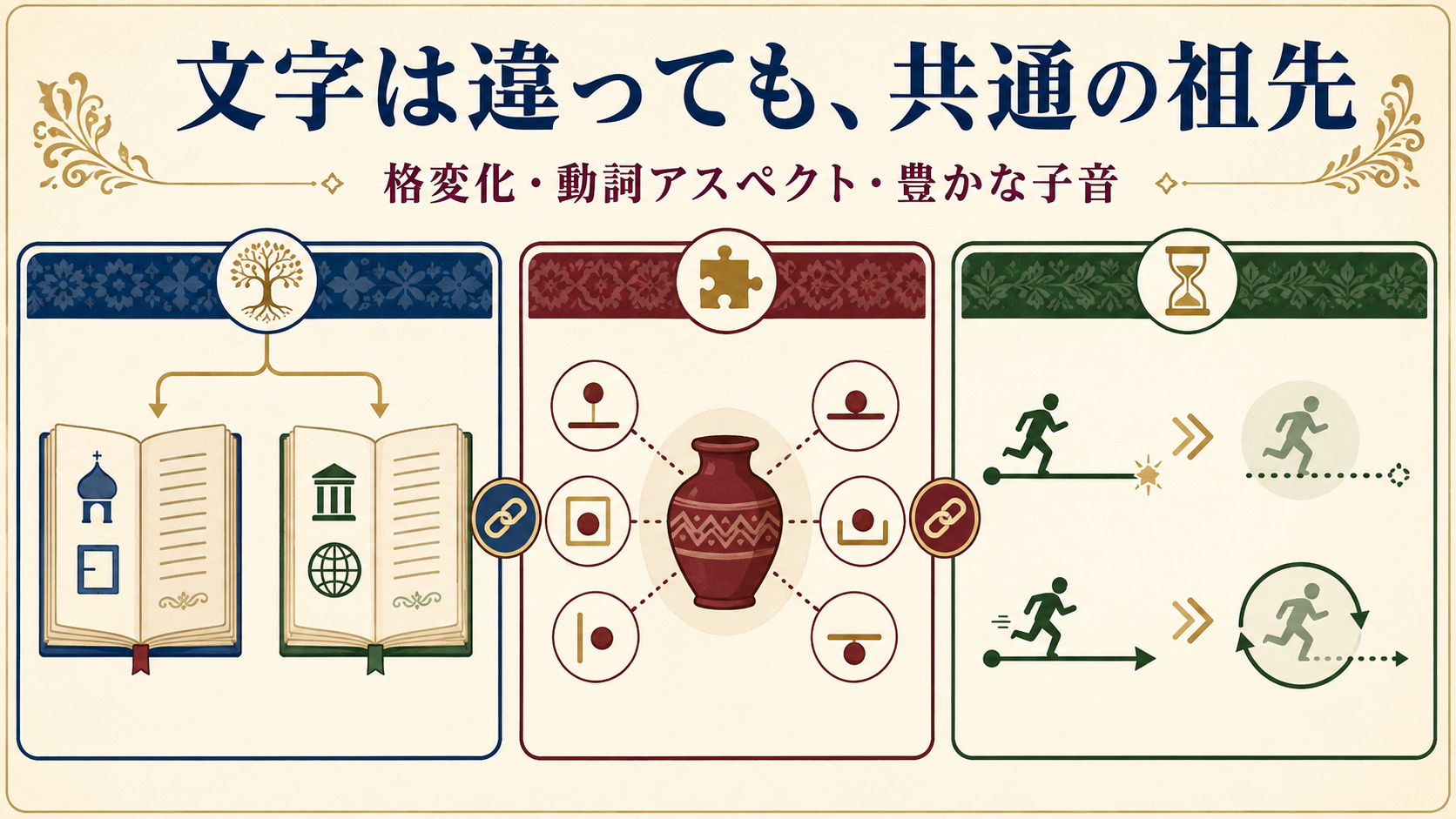 スラヴ諸語に見られる文字体系・格変化・動詞アスペクトの特徴を示す図