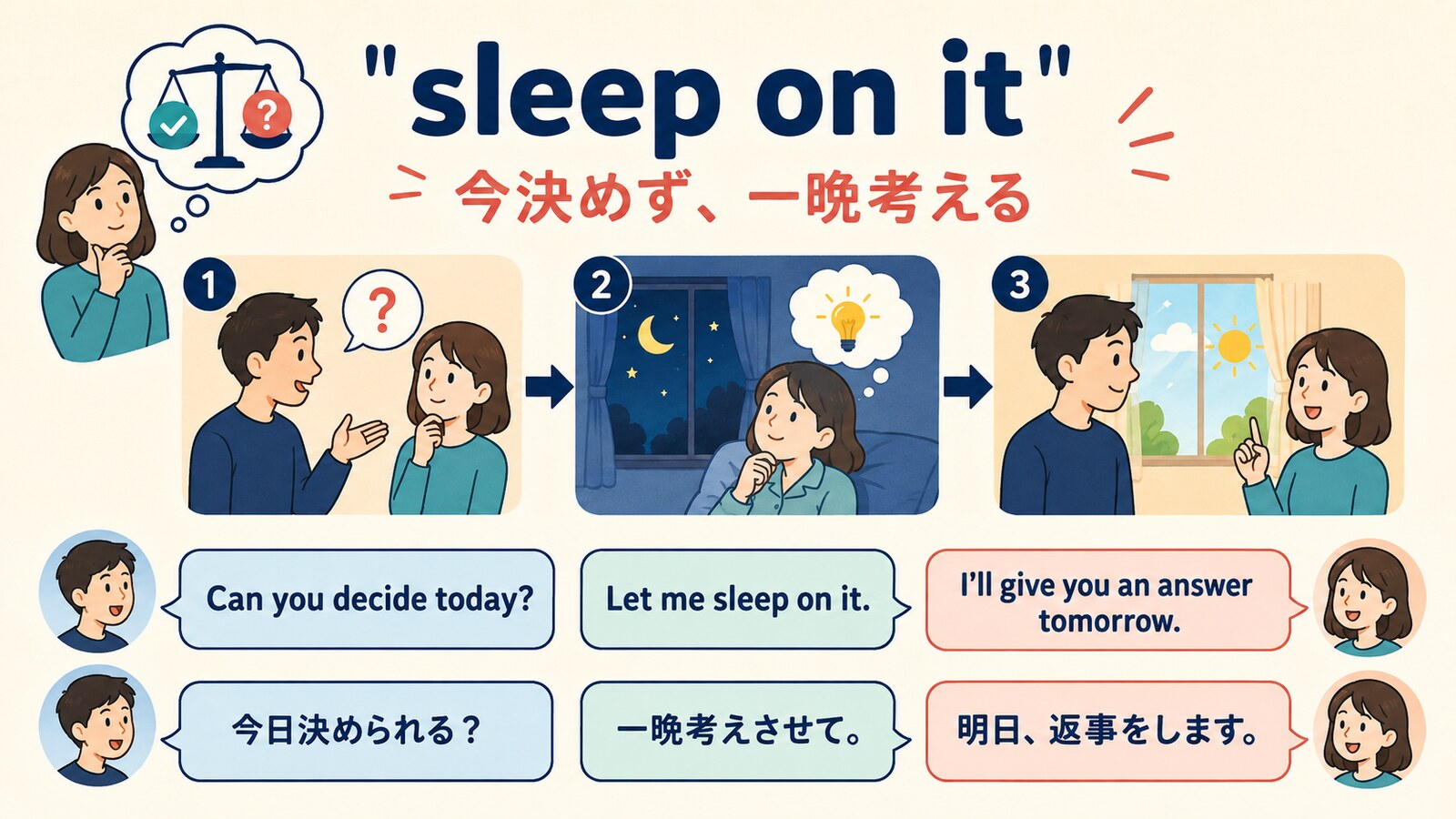 sleep on itを使って一晩考え翌日返事をする会話の流れ
