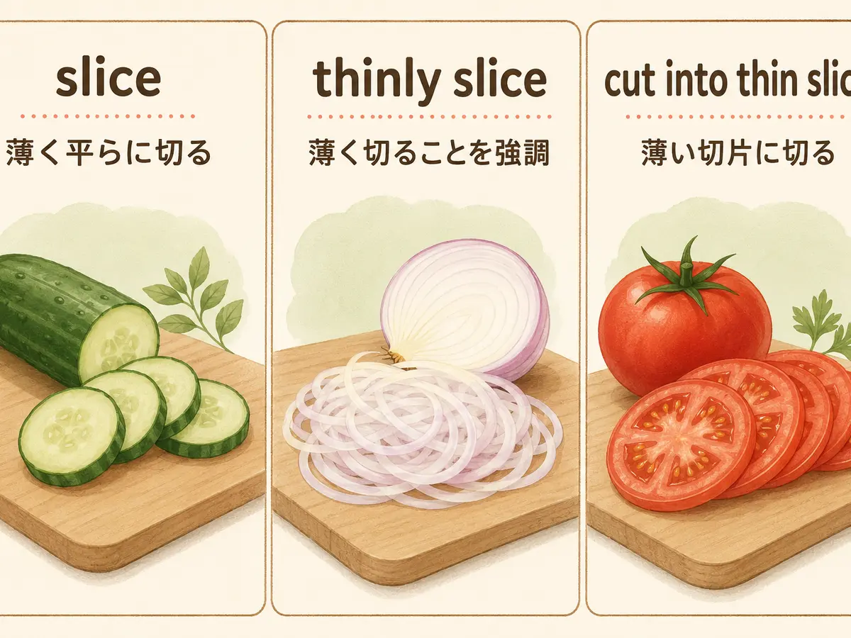 slice・thinly slice・cut into thin slicesの切り方を比較する解説イラスト