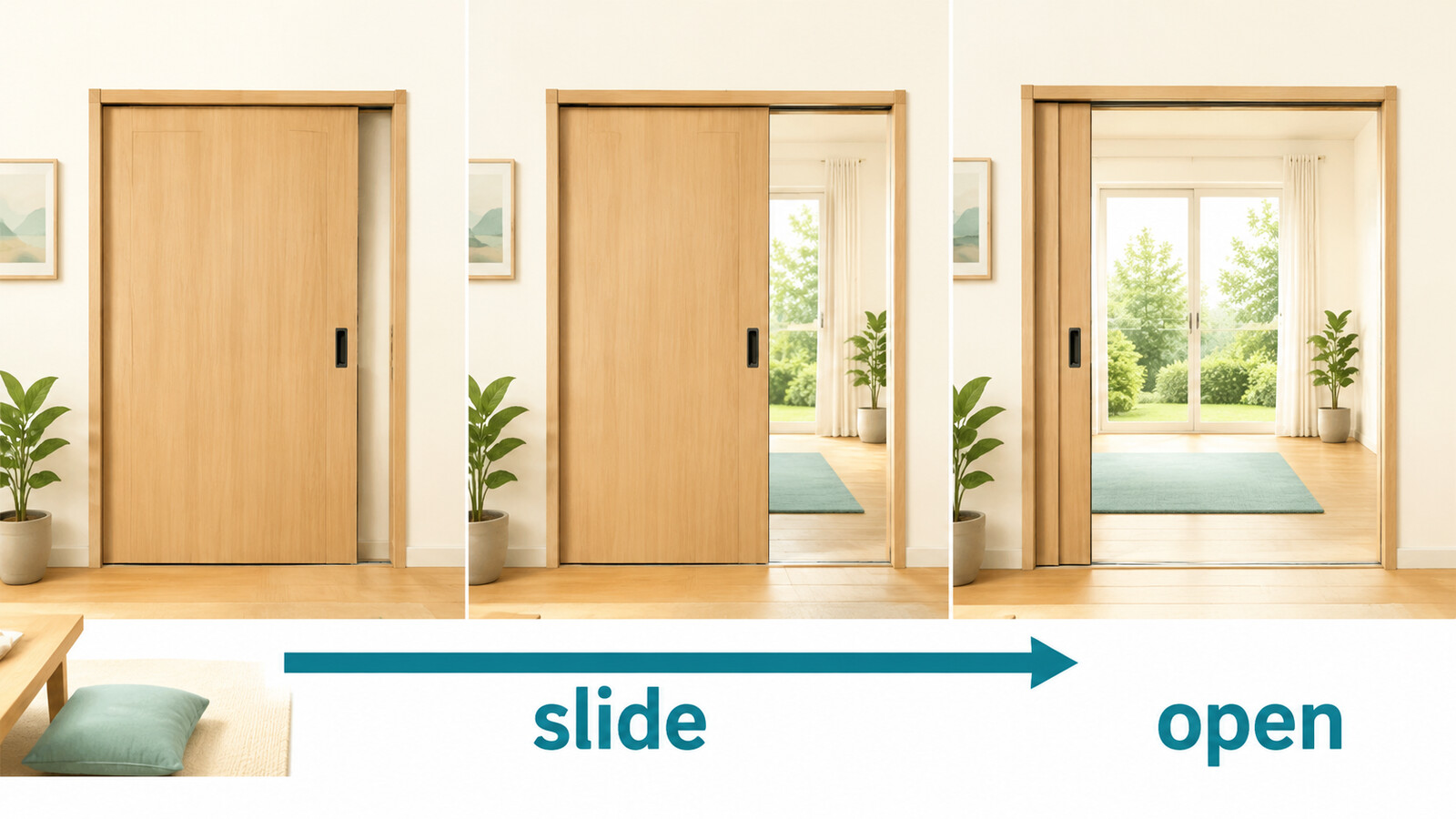 引き戸が閉じた状態から横へ滑り、開いた状態になるslide the door openの図解