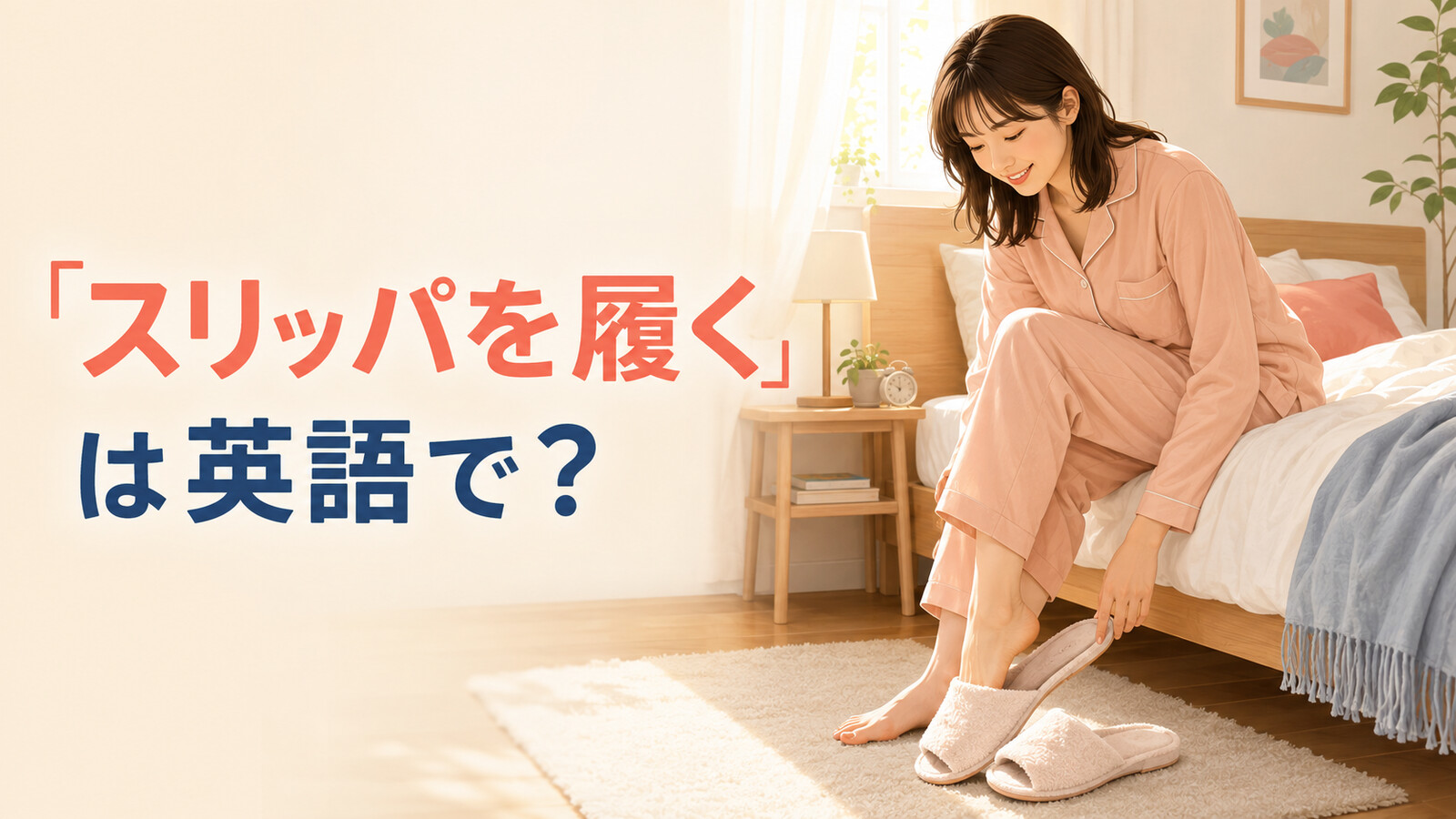 朝ベッドに座り、床のスリッパに足を入れる女性と「スリッパを履く」は英語で？の文字