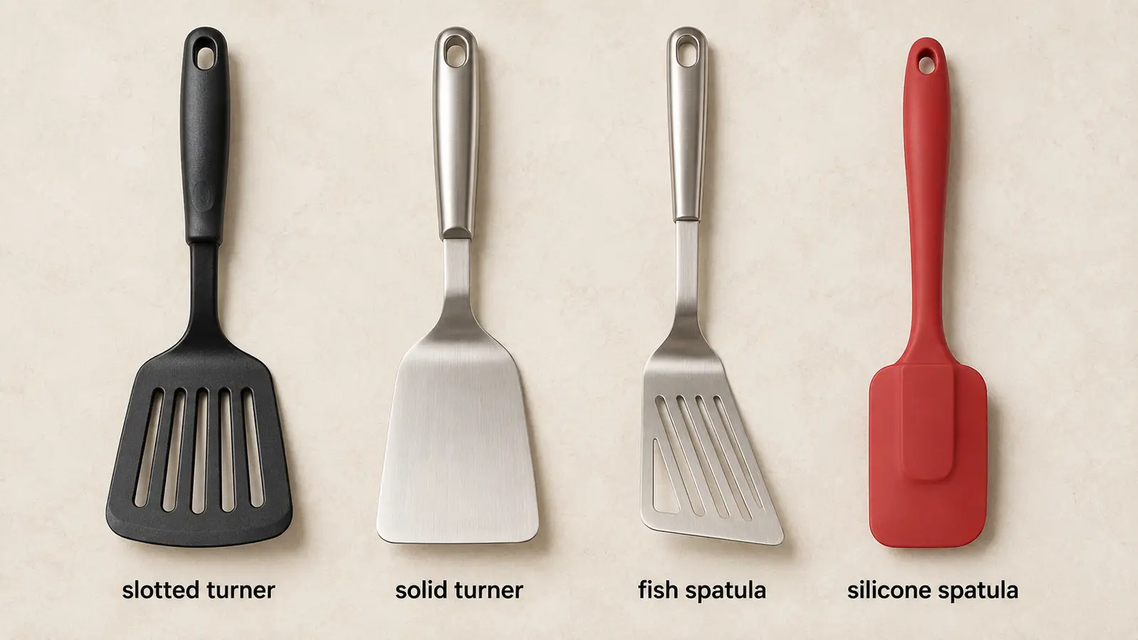 slotted turner、solid turner、fish spatula、silicone spatulaの形と用途の違い
