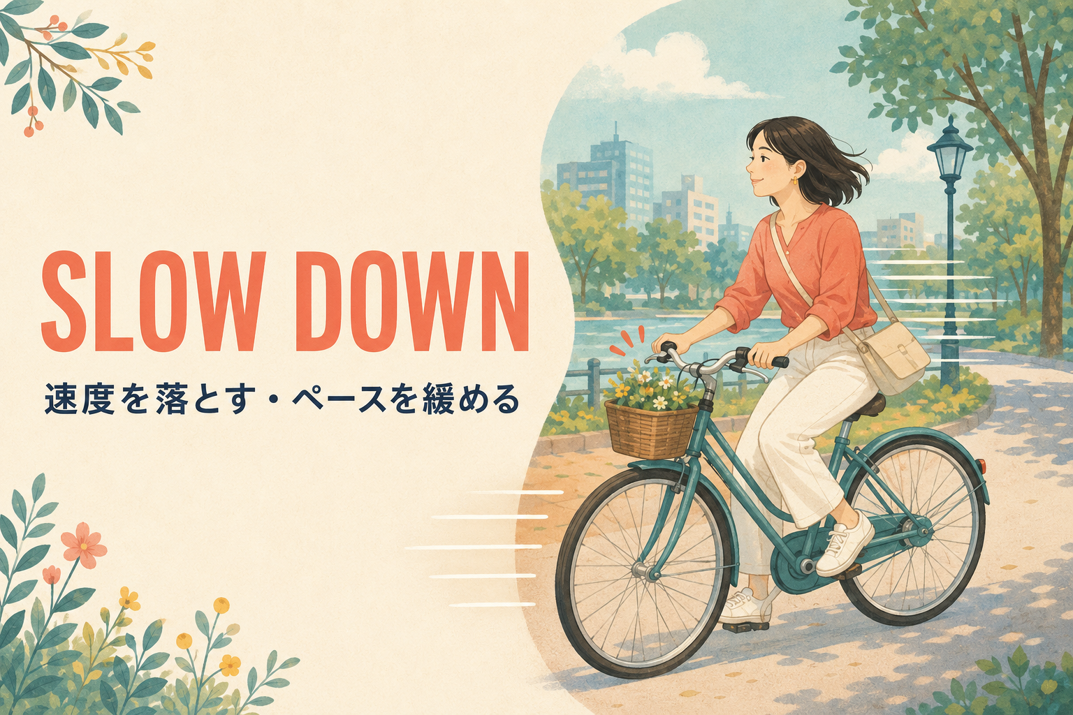slow downの意味「速度を落とす・ペースを緩める」を表すアイキャッチ