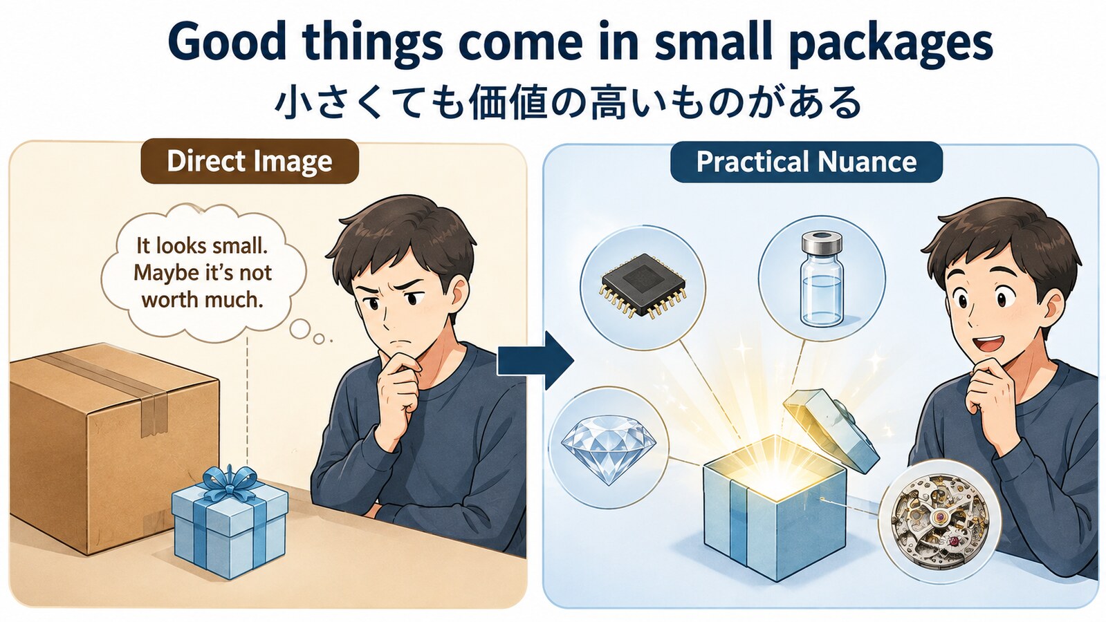 Good things come in small packagesの直訳と実際のニュアンスを図解