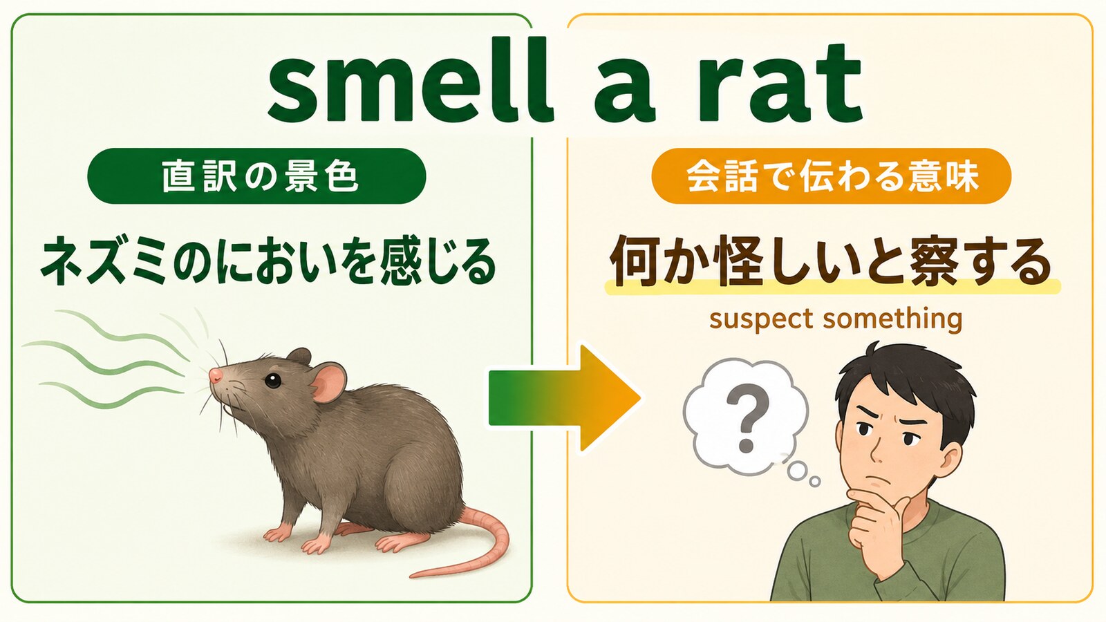 smell a ratの直訳と会話での意味を比較する解説イラスト