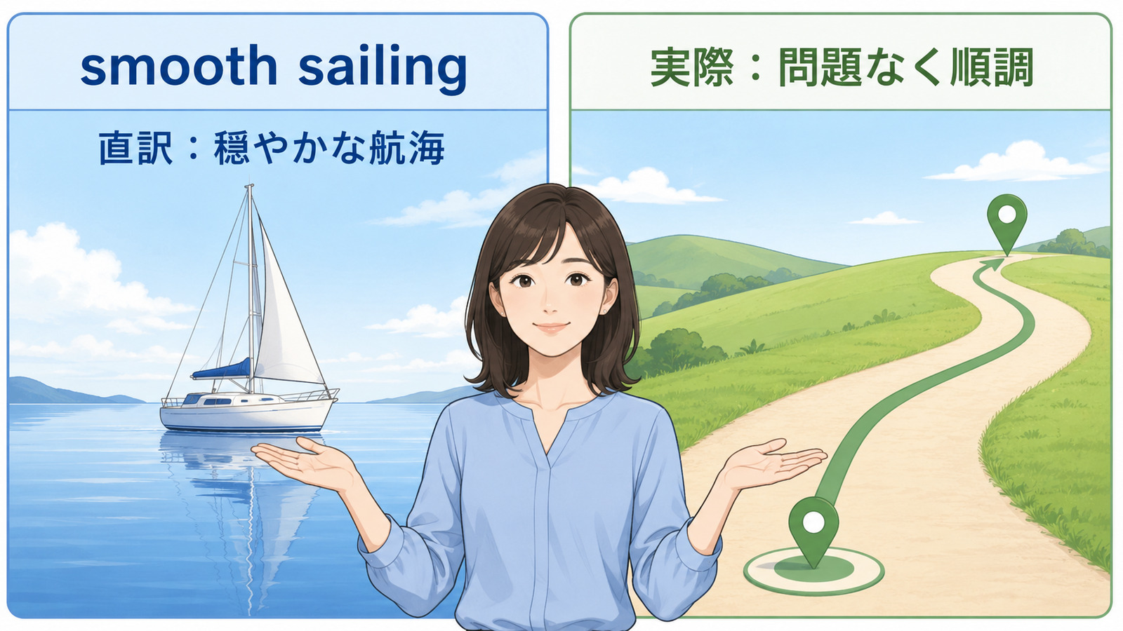 smooth sailingの直訳と実際の意味を比較する本文イラスト