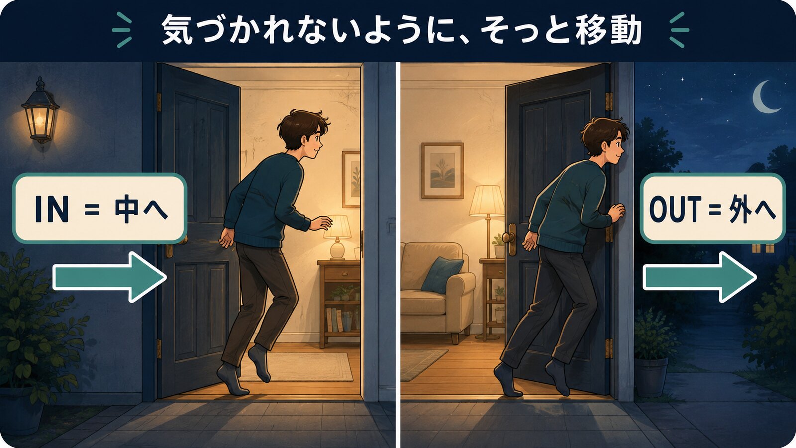 sneak inは中へ、sneak outは外へ気づかれないように移動するイラスト