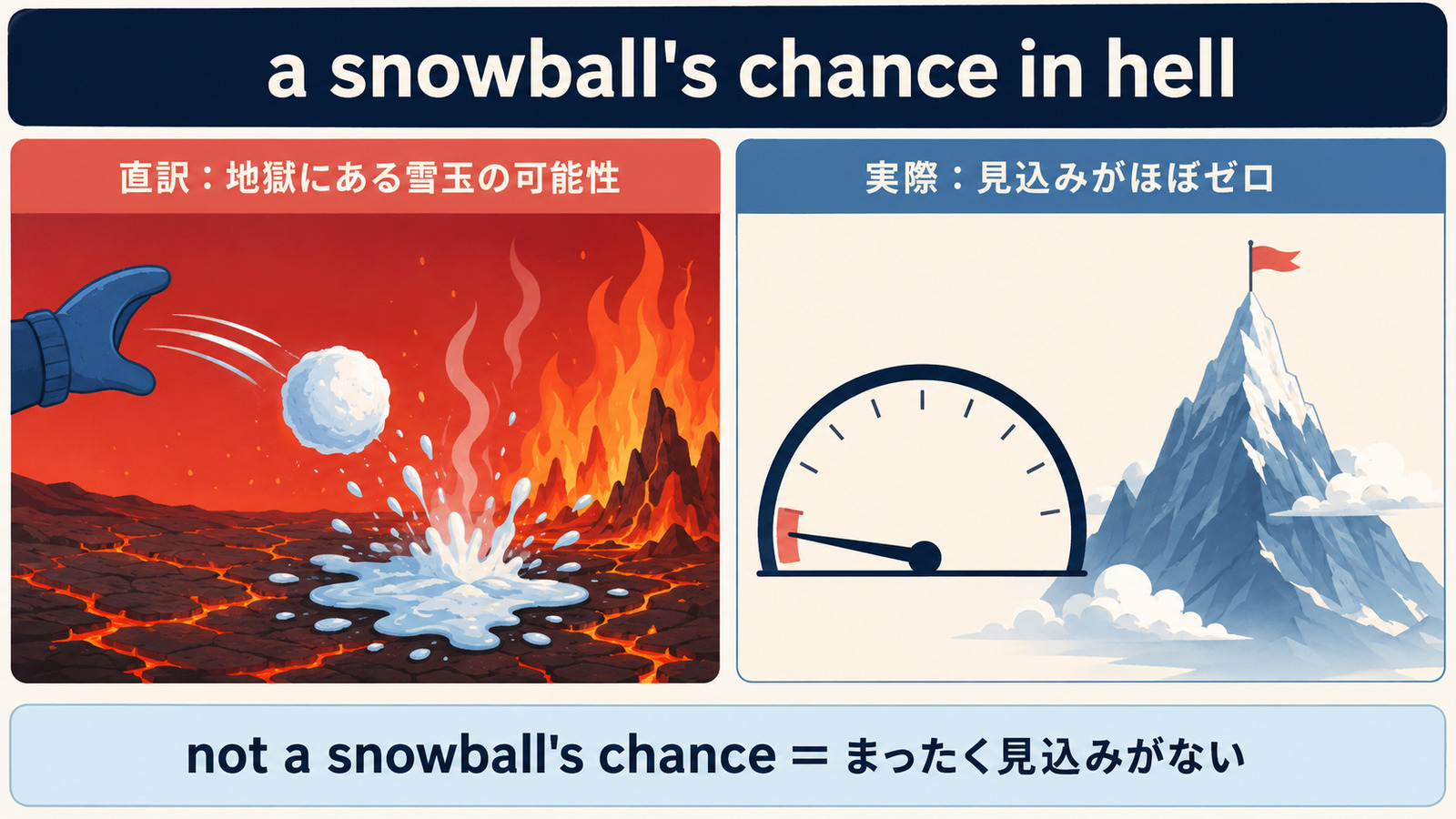 地獄で溶ける雪玉の直訳から、見込みがほぼゼロという意味を示す解説図