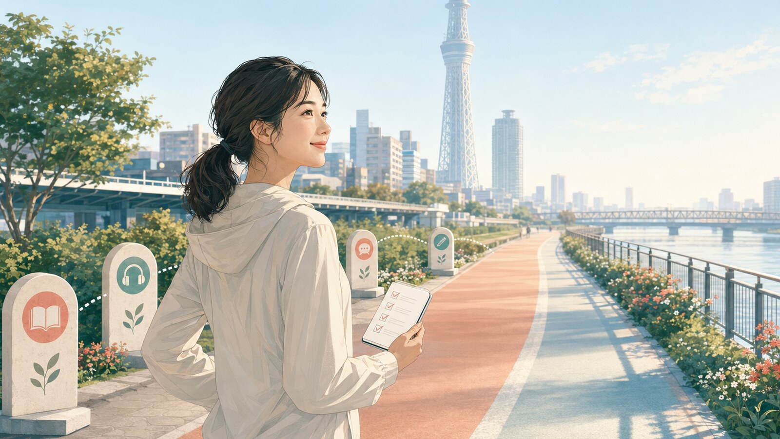 So farの今までの進み具合を道の途中で振り返る場面として表したイラスト