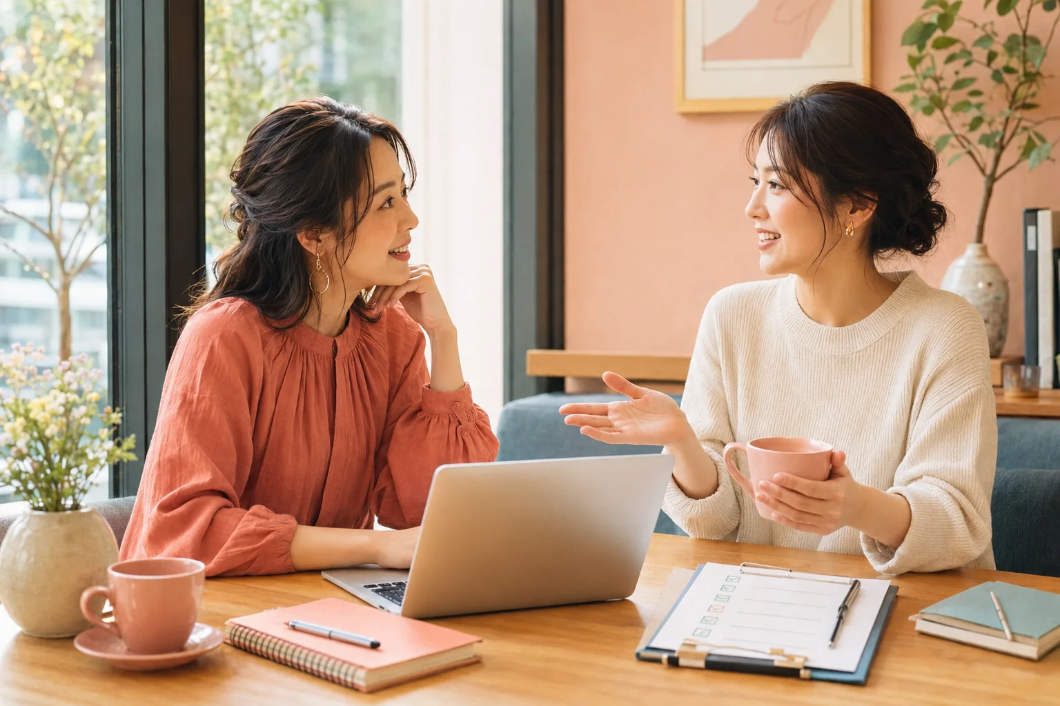カフェで仕事の進み具合について話す二人の女性
