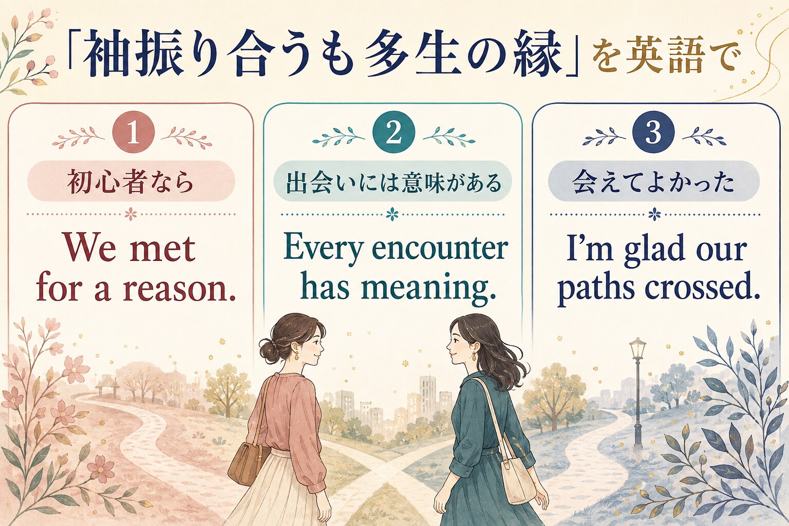 We met for a reason.、Every encounter has meaning.、I’m glad our paths crossed. の比較