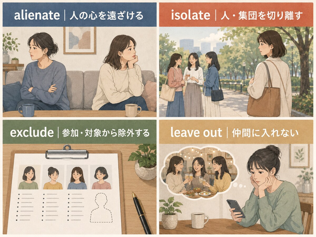 alienate・isolate・exclude・leave outの違いを示す比較イラスト