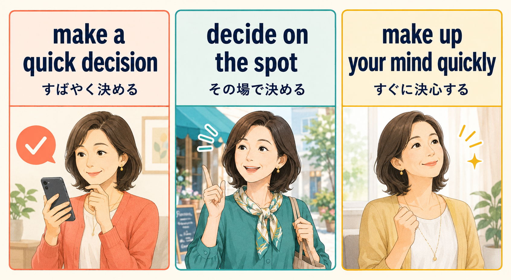 即断即決をmake a quick decisionなど英語と日本語で説明する横長イラスト