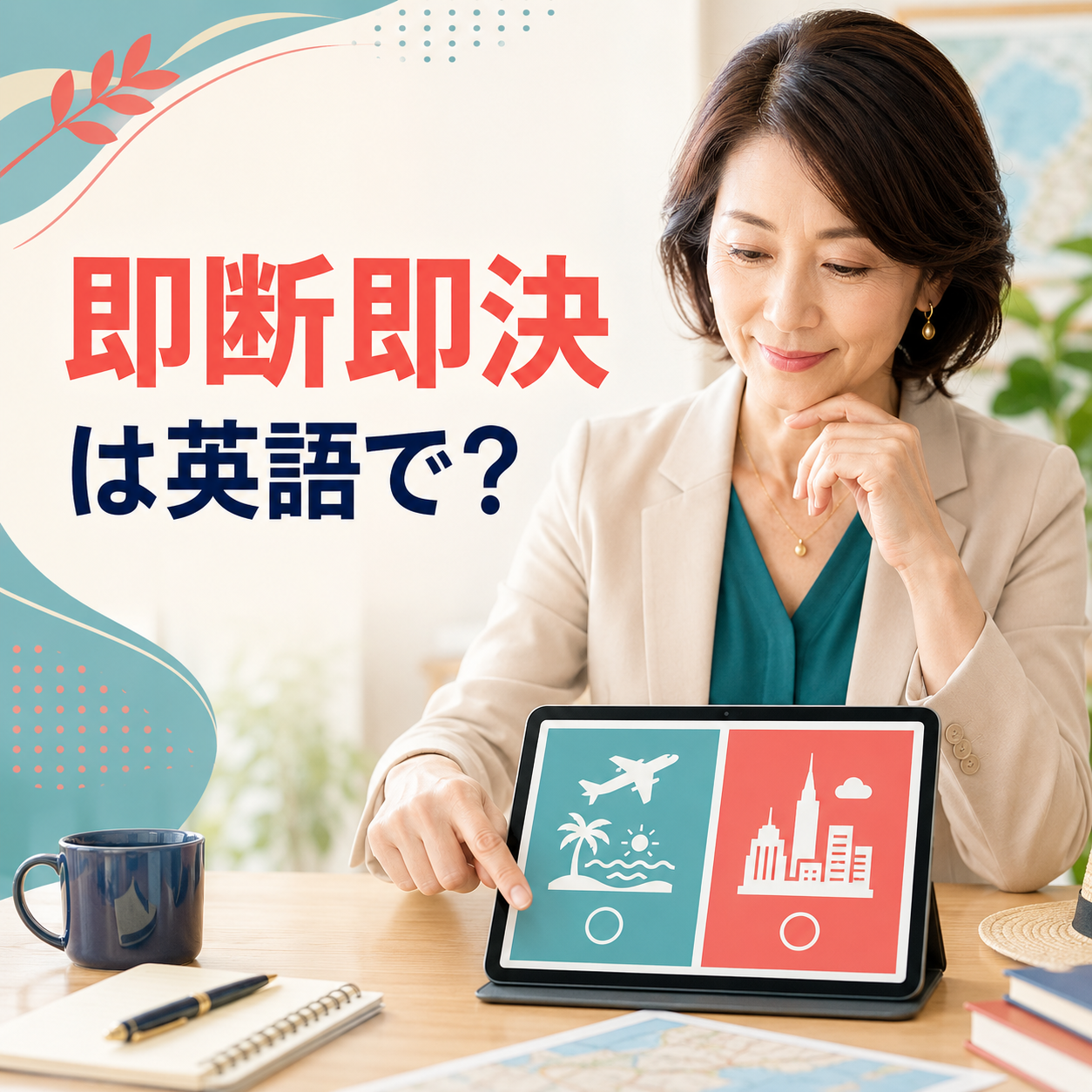 「即断即決」は英語で?と旅行先をすぐ選ぶ女性の正方形アイキャッチ
