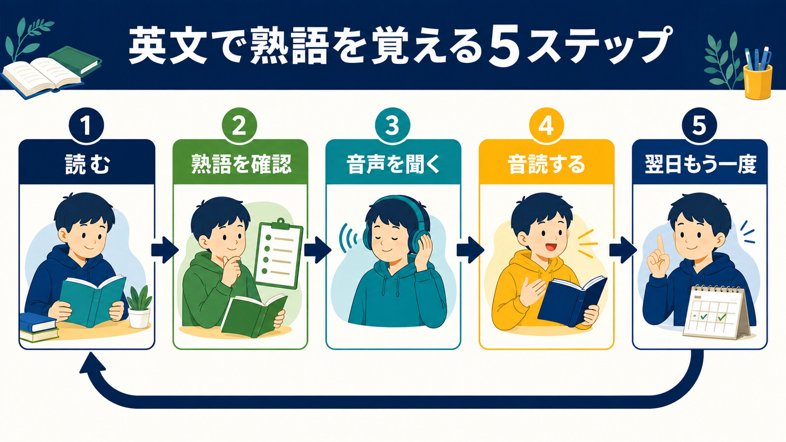 英文を読み、熟語を確認し、音声を聞き、音読し、翌日復習する5ステップ
