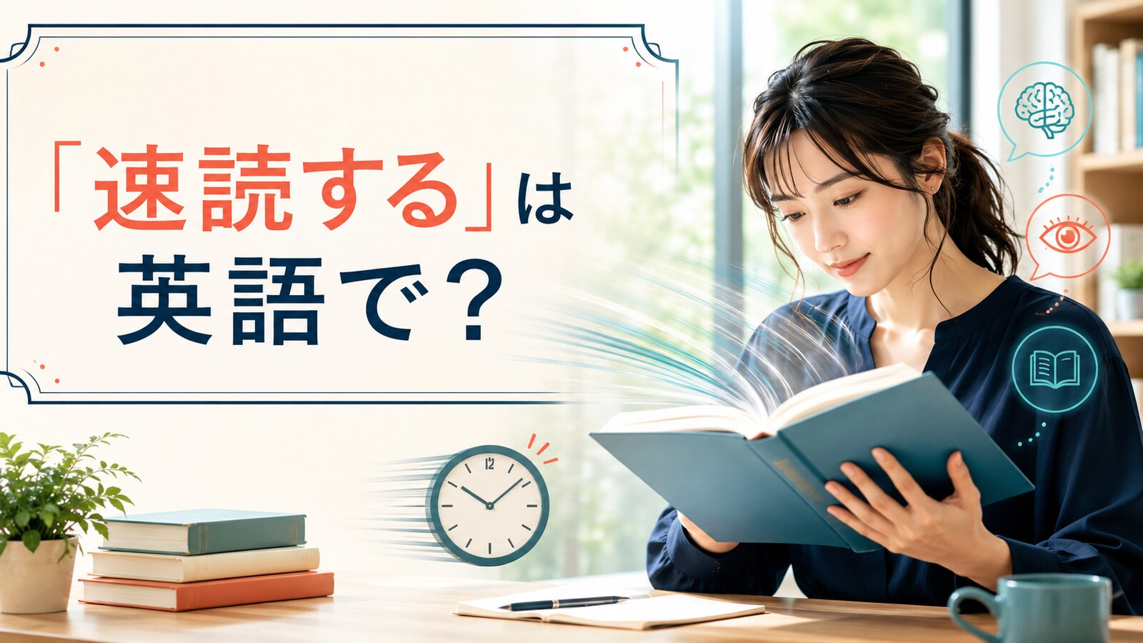 「速読する」は英語で？ 本を速く読みながら内容を理解する女性