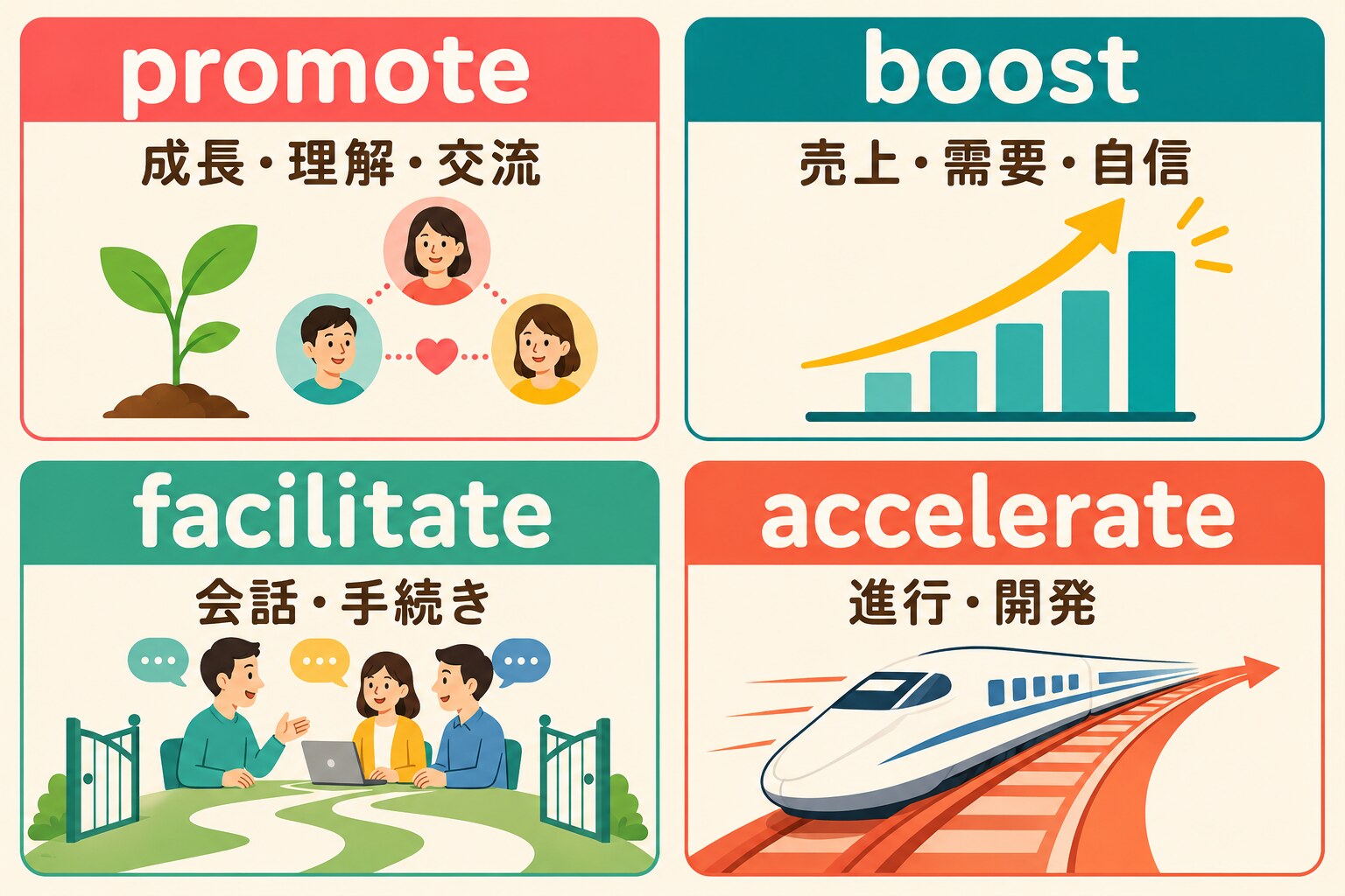 promote・boost・facilitate・accelerateの使い分け比較