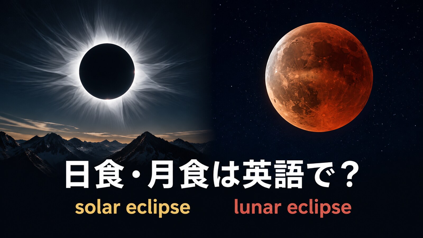 日食はsolar eclipse、月食はlunar eclipseと紹介するアイキャッチ