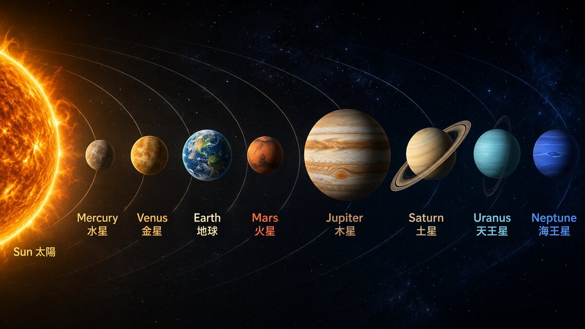 太陽と8惑星の英語名と日本語名を順番に示す図解