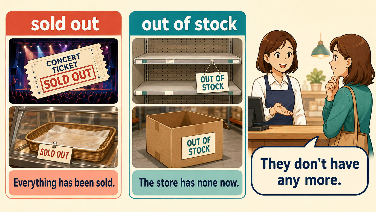 sold outとout of stockの違いを空の棚やチケットと簡単な英語で示したイラスト
