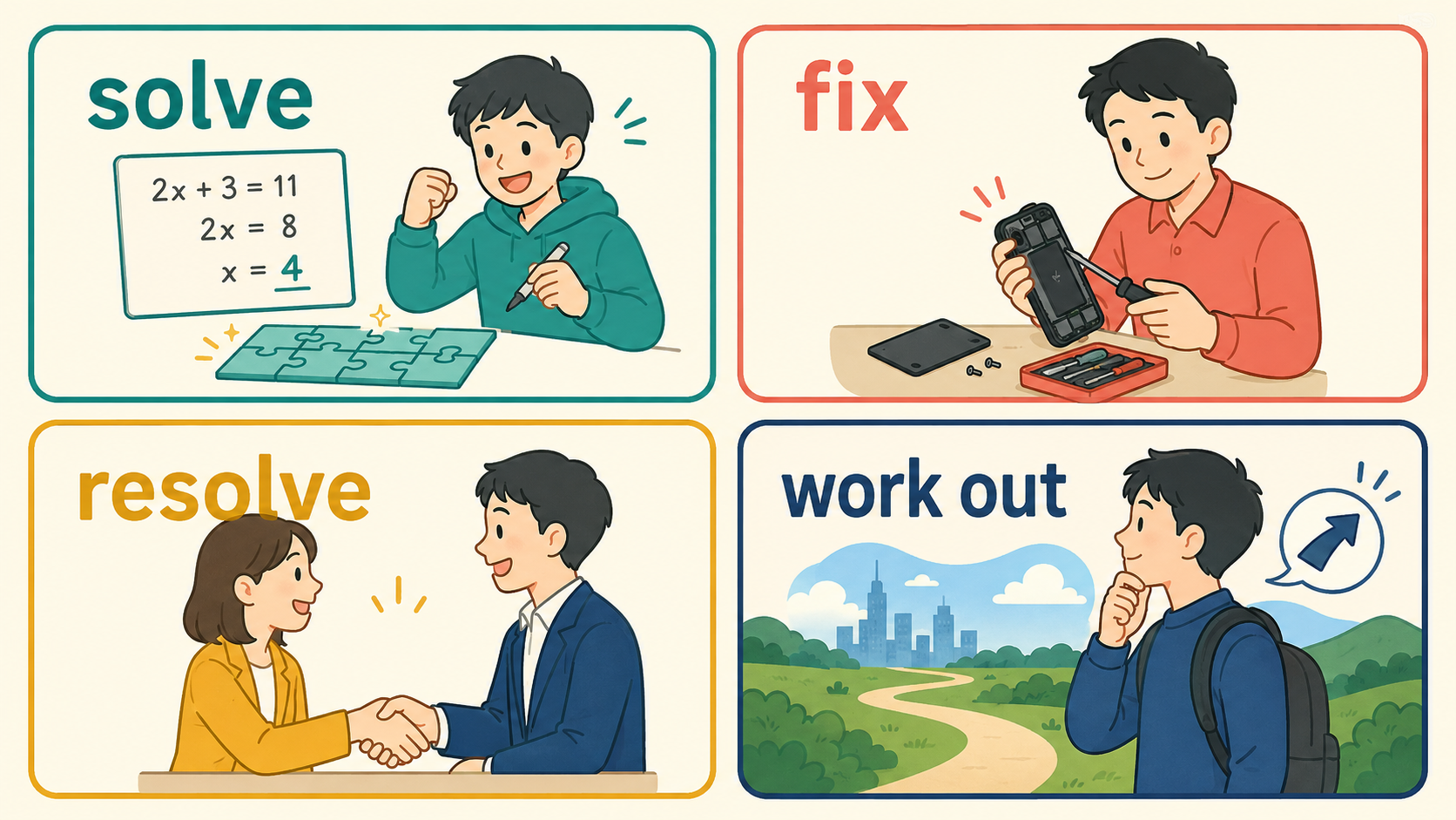 solve、fix、resolve、work outの違いを示す比較図