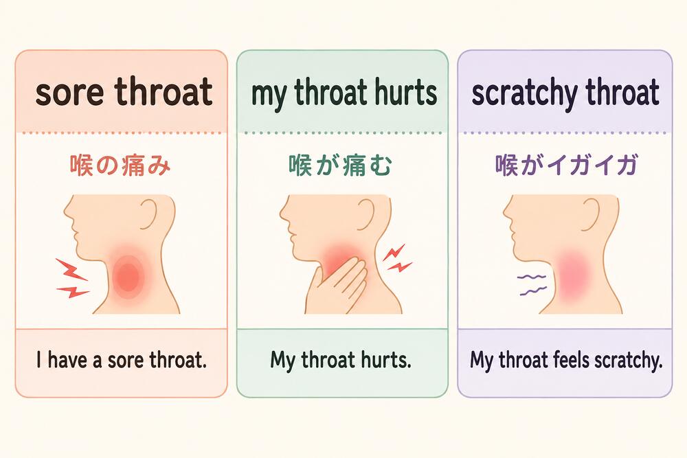 sore throat・my throat hurts・scratchy throatの違いを示す比較イラスト