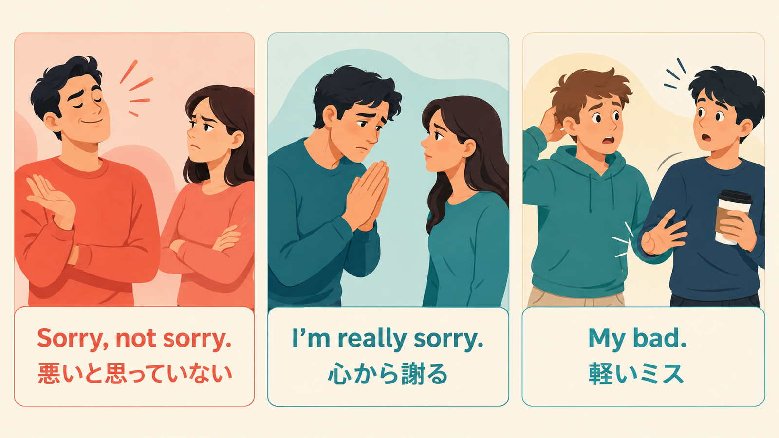Sorry not sorry・I’m really sorry・My badの謝罪の気持ちと使い方の比較