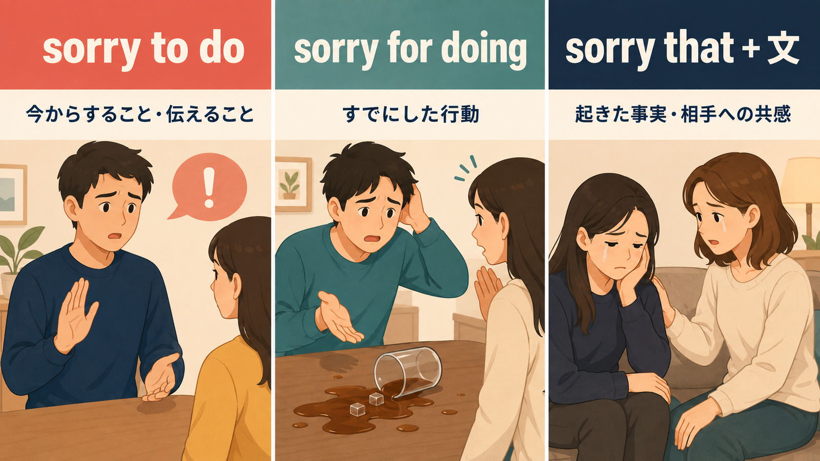 sorry to do・sorry for doing・sorry that＋文の時間と焦点の違い