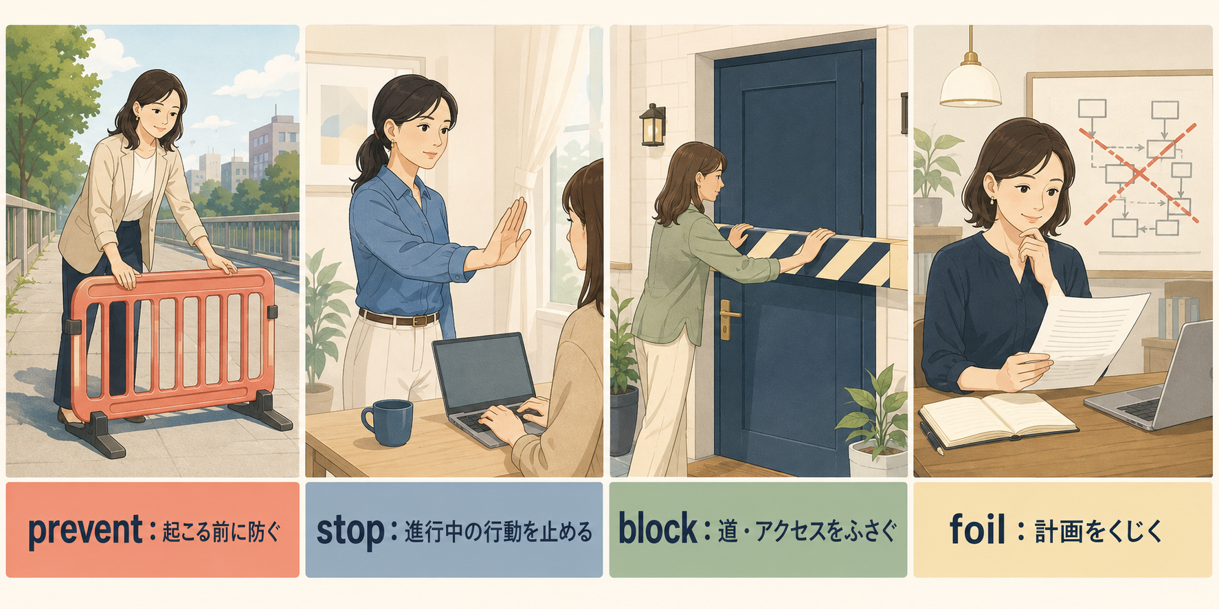 prevent・stop・block・foilの意味を4場面で比較
