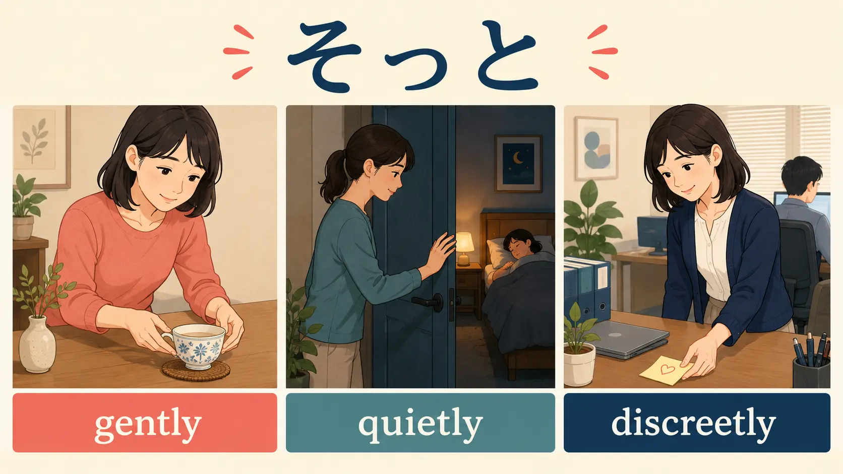 そっとをgently、quietly、discreetlyに分けた比較図
