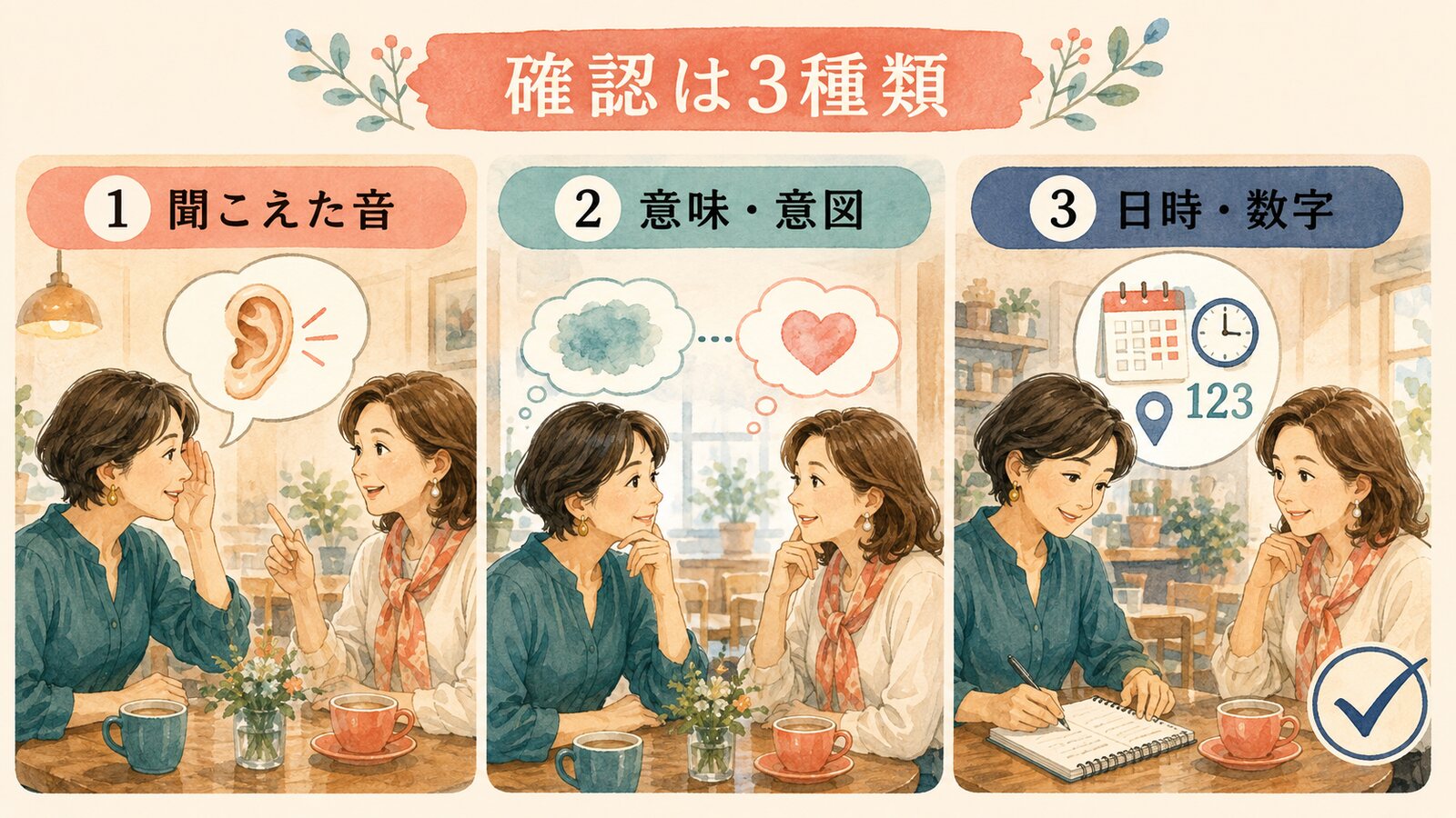 聞こえた音・意味や意図・日時や数字を確認する3種類の英会話イラスト