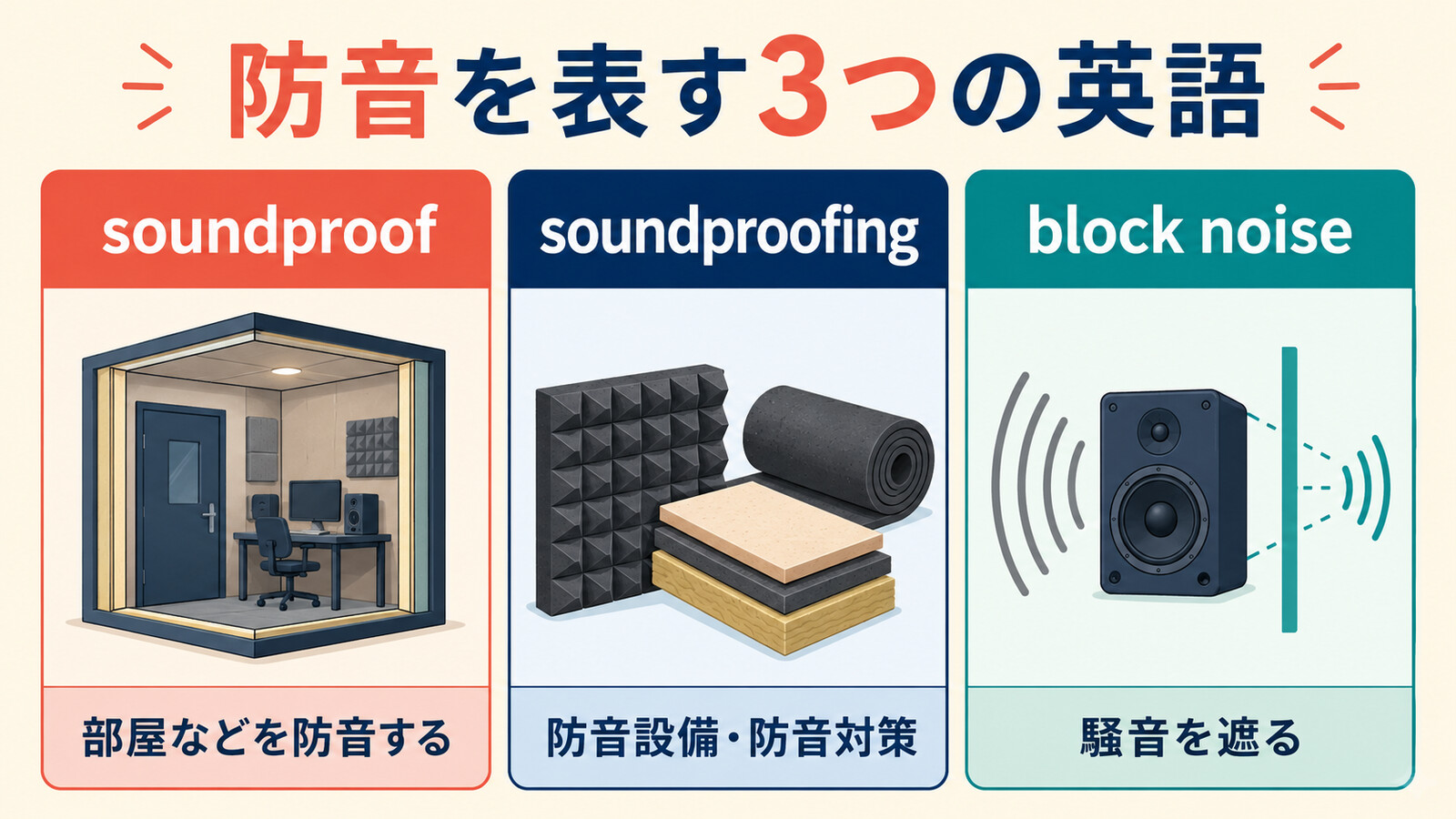 soundproof・soundproofing・block noiseの違い
