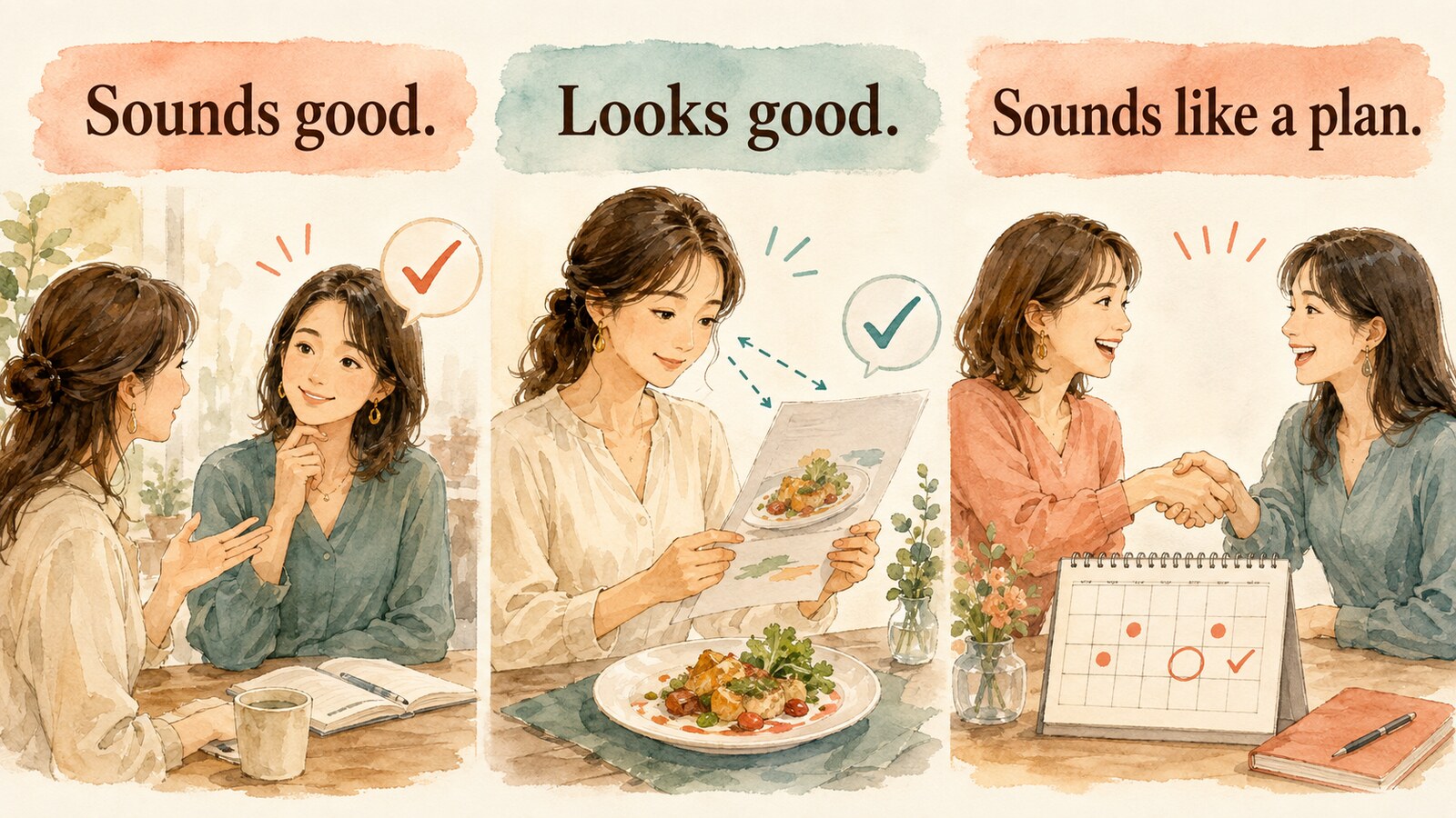 Sounds good・Looks good・Sounds like a planの違いを示すイラスト